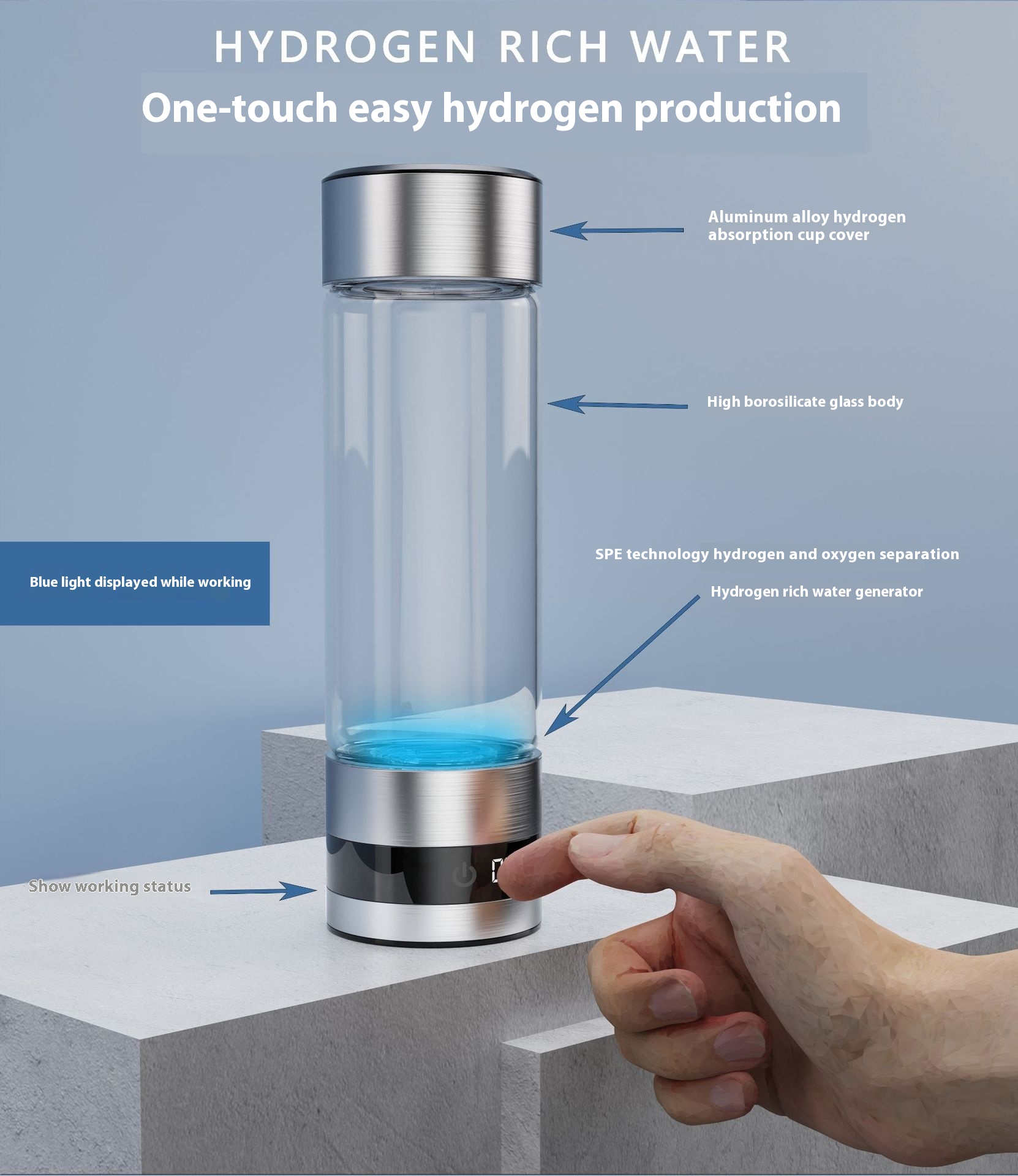 460ml 2000PPB Hydrogen Rich Water Bottle Glass Material